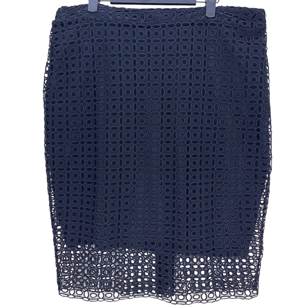H&M Black Eyelet Lace Pencil Skirt Large Geometric Sheer Hem Lined Zip Back